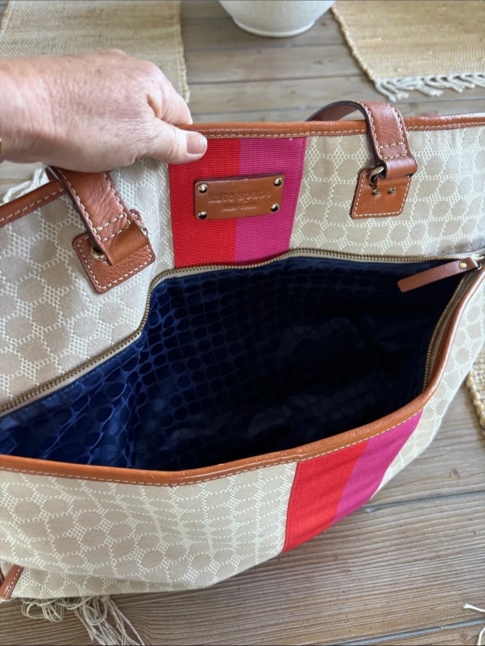 kate spade Beige Monogram Travel Tote with Pink and Red Stripe